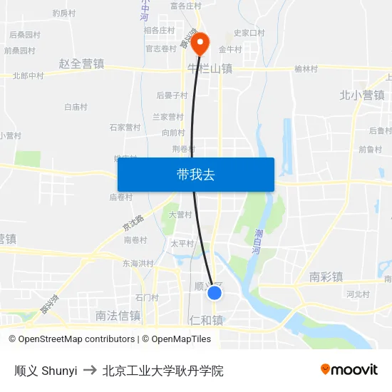顺义 Shunyi to 北京工业大学耿丹学院 map