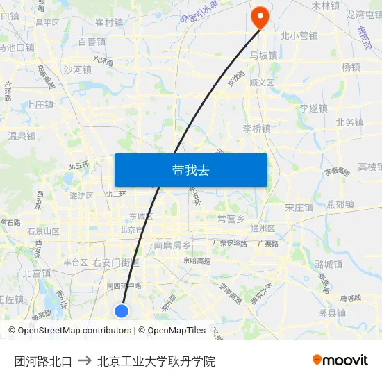团河路北口 to 北京工业大学耿丹学院 map