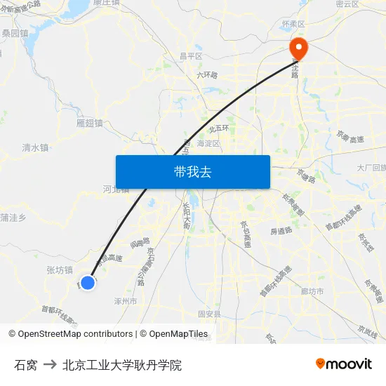 石窝 to 北京工业大学耿丹学院 map