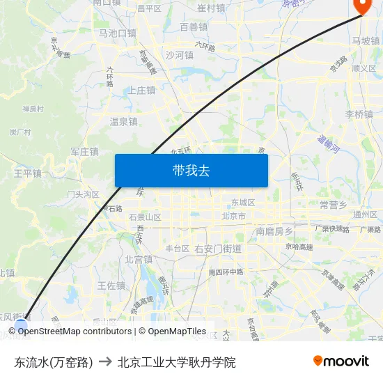 东流水(万窑路) to 北京工业大学耿丹学院 map