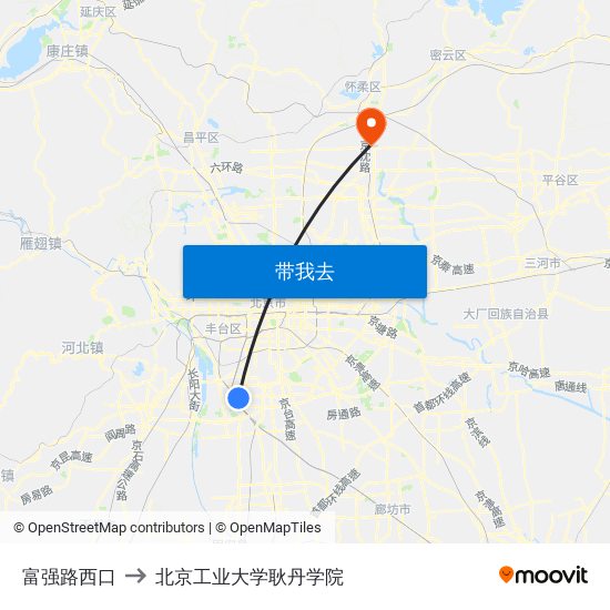 富强路西口 to 北京工业大学耿丹学院 map