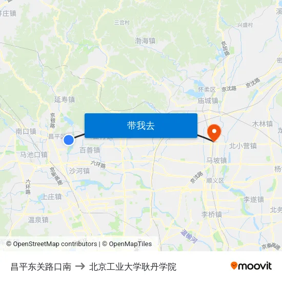 昌平东关路口南 to 北京工业大学耿丹学院 map