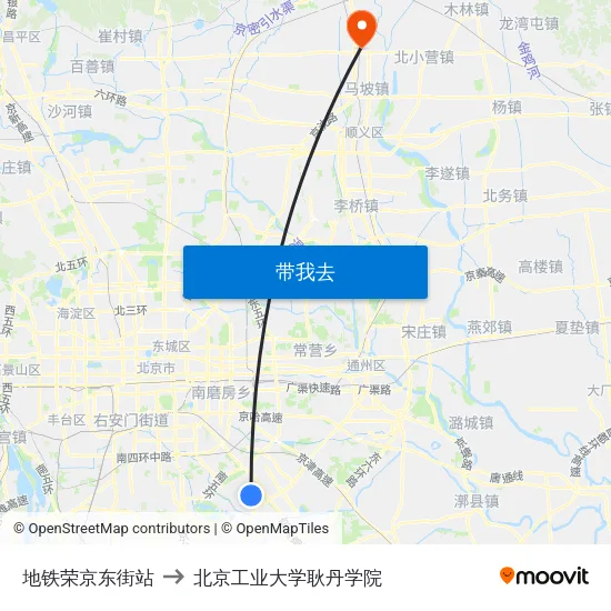 地铁荣京东街站 to 北京工业大学耿丹学院 map