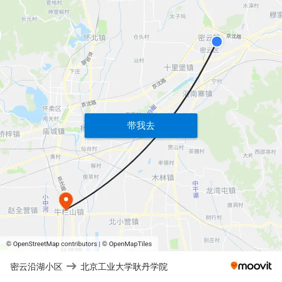 密云沿湖小区 to 北京工业大学耿丹学院 map