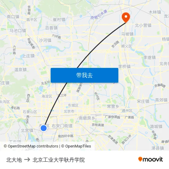 北大地 to 北京工业大学耿丹学院 map