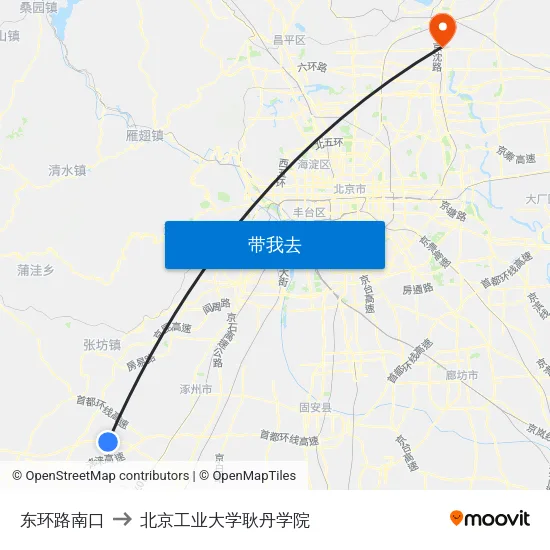 东环路南口 to 北京工业大学耿丹学院 map