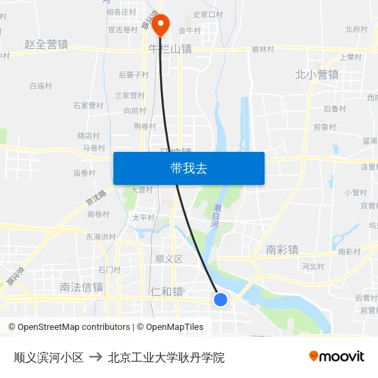 顺义滨河小区 to 北京工业大学耿丹学院 map