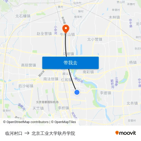 临河村口 to 北京工业大学耿丹学院 map