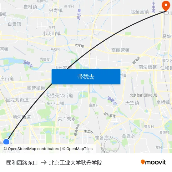 颐和园路东口 to 北京工业大学耿丹学院 map