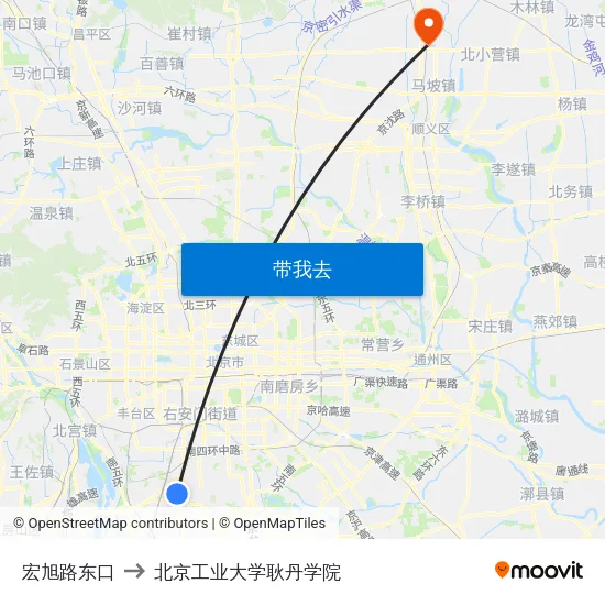 宏旭路东口 to 北京工业大学耿丹学院 map