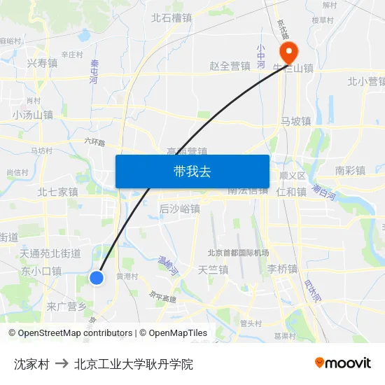沈家村 to 北京工业大学耿丹学院 map