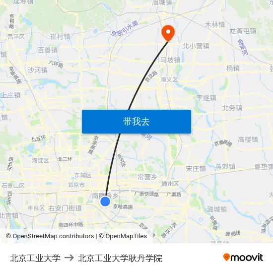 北京工业大学 to 北京工业大学耿丹学院 map