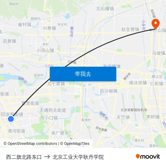 西二旗北路东口 to 北京工业大学耿丹学院 map