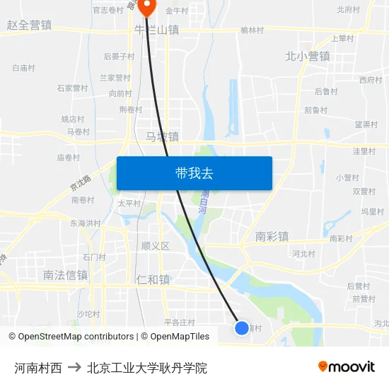 河南村西 to 北京工业大学耿丹学院 map