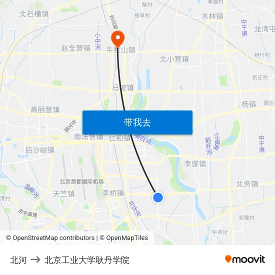 北河 to 北京工业大学耿丹学院 map