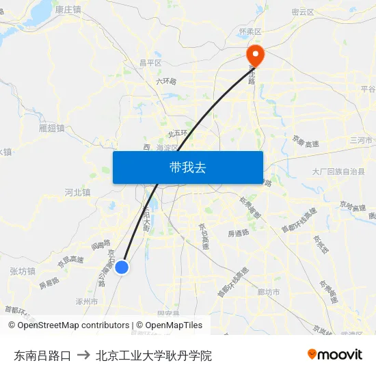 东南吕路口 to 北京工业大学耿丹学院 map