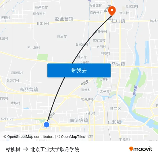 枯柳树 to 北京工业大学耿丹学院 map