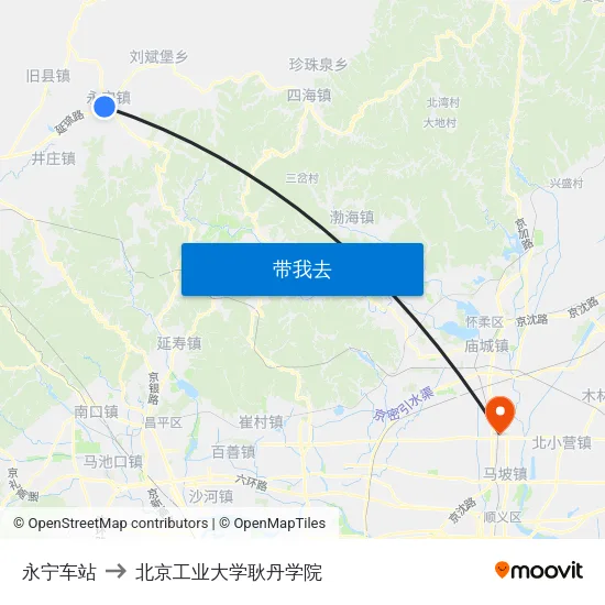 永宁车站 to 北京工业大学耿丹学院 map