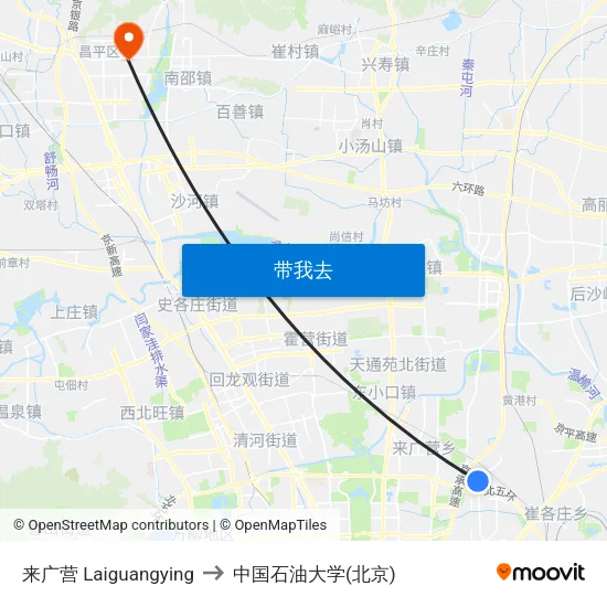 来广营 Laiguangying to 中国石油大学(北京) map