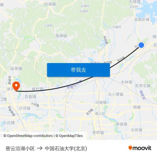 密云沿湖小区 to 中国石油大学(北京) map