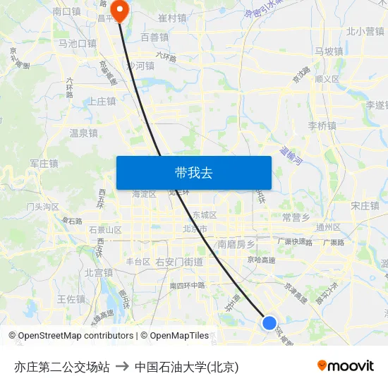 亦庄第二公交场站 to 中国石油大学(北京) map