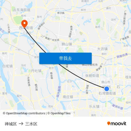 禅城区 to 三水区 map