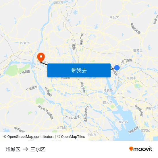增城区 to 三水区 map