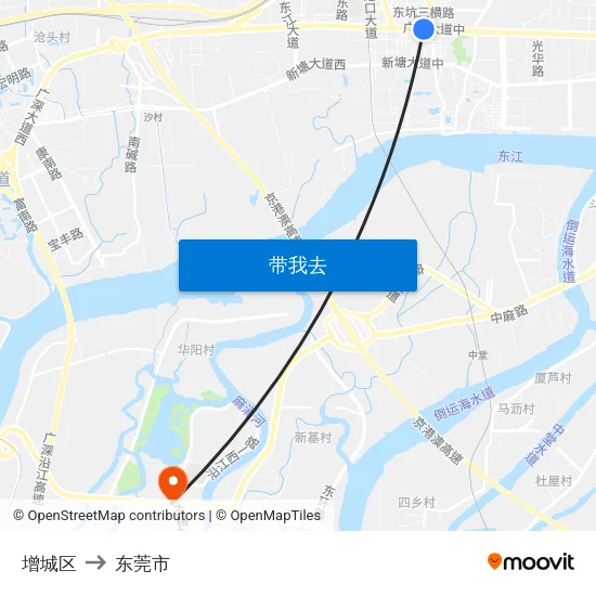 增城区 to 东莞市 map