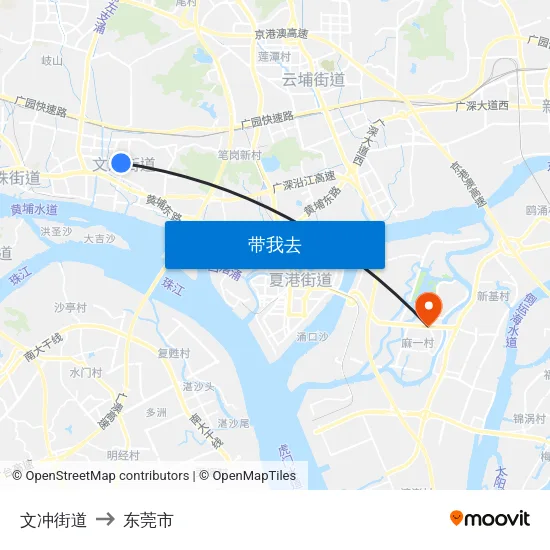 文冲街道 to 东莞市 map