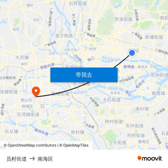 员村街道 to 南海区 map