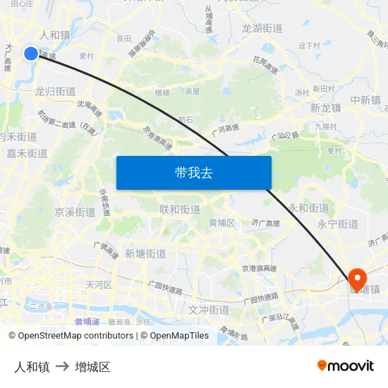 人和镇 to 增城区 map