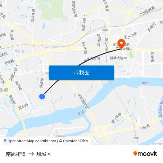 南岗街道 to 增城区 map