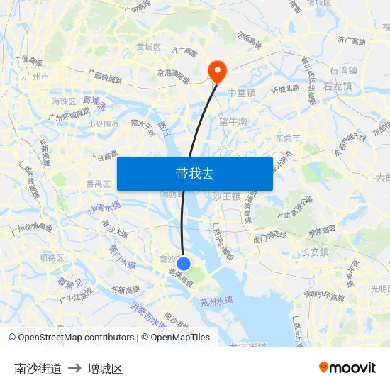 南沙街道 to 增城区 map