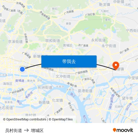 员村街道 to 增城区 map