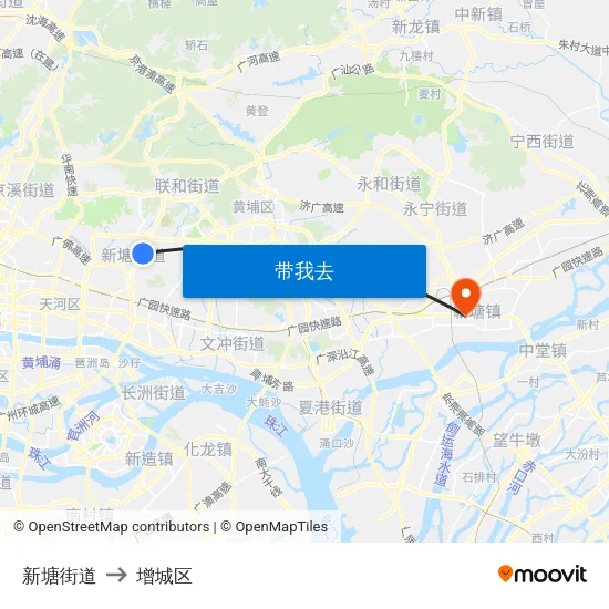 新塘街道 to 增城区 map