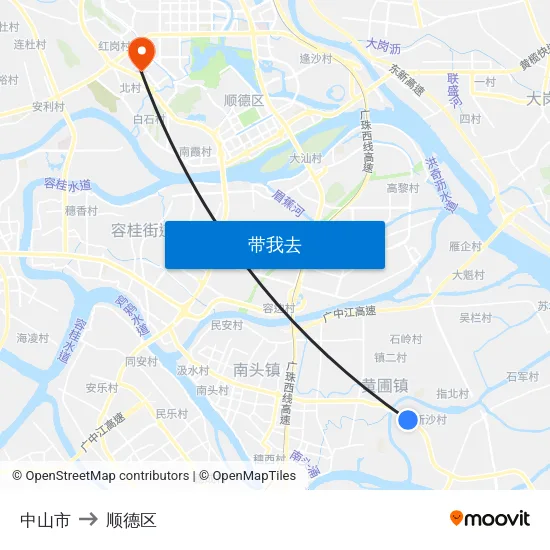 中山市 to 顺德区 map