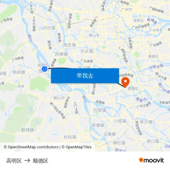 高明区 to 顺德区 map