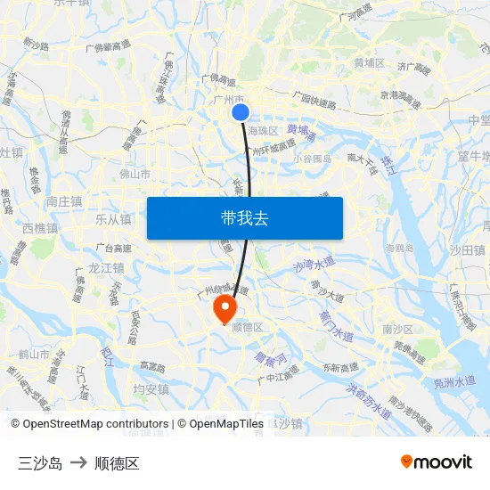 三沙岛 to 顺德区 map