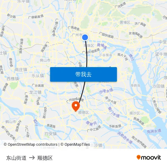 东山街道 to 顺德区 map