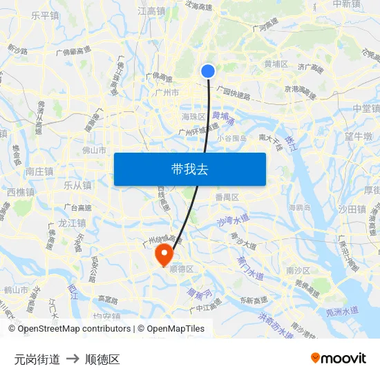 元岗街道 to 顺德区 map