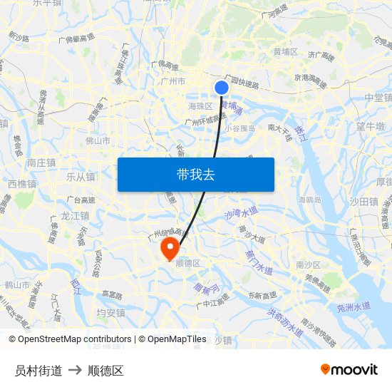 员村街道 to 顺德区 map