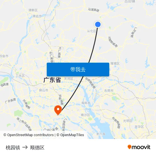 桃园镇 to 顺德区 map