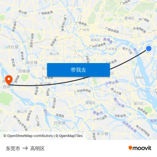 东莞市 to 高明区 map