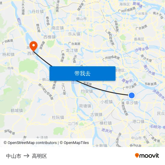 中山市 to 高明区 map
