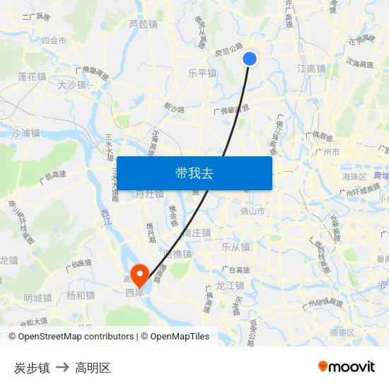 炭步镇 to 高明区 map