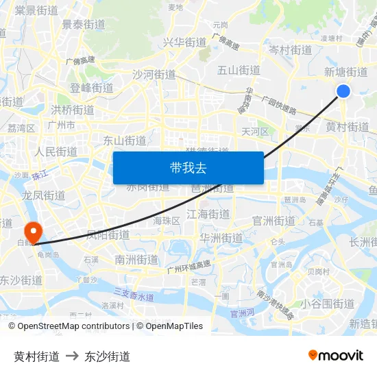 黄村街道 to 东沙街道 map