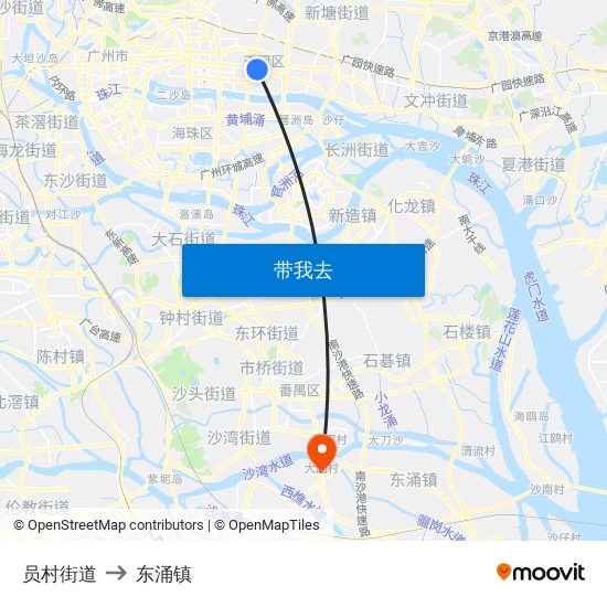 员村街道 to 东涌镇 map