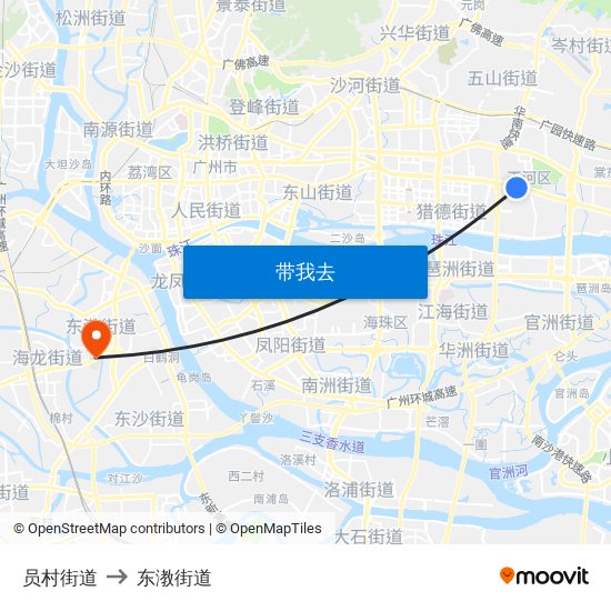 员村街道 to 东漖街道 map