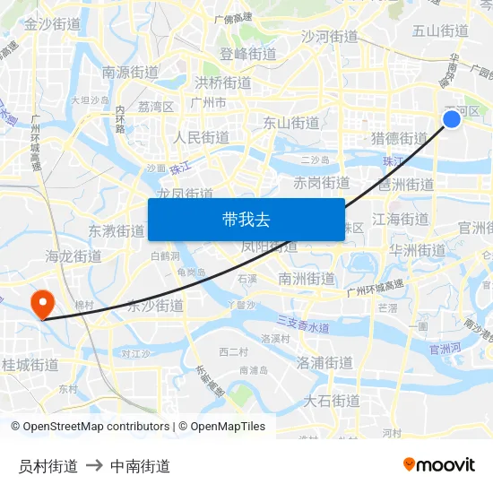 员村街道 to 中南街道 map