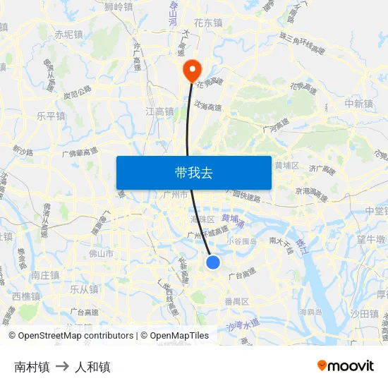 南村镇 to 人和镇 map
